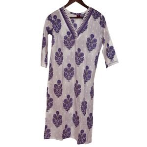 Ruby Purple Floral Block Print Cotton Kurta Tunic V-Neck Lace Trim Womens Medium